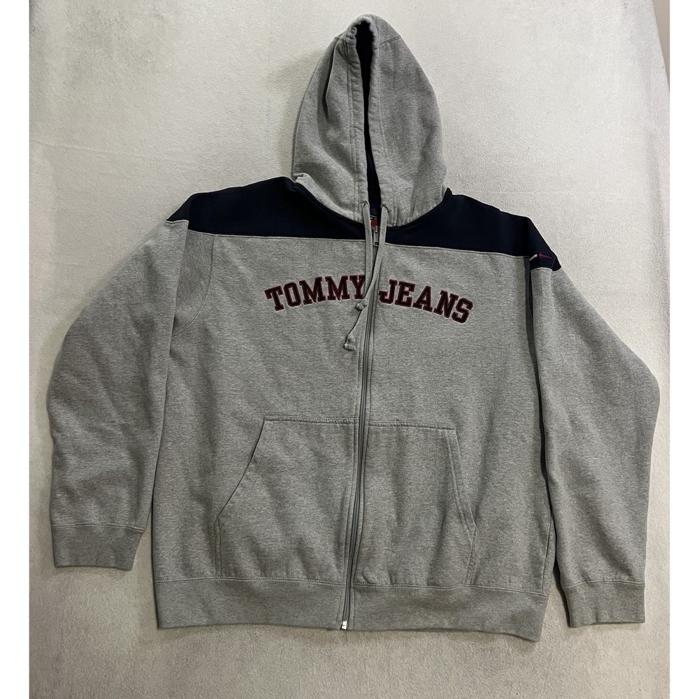 Vintage Tommy Jeans Hoodie Men's Size XL Gray Long Sleeve Full Zip Embroidered